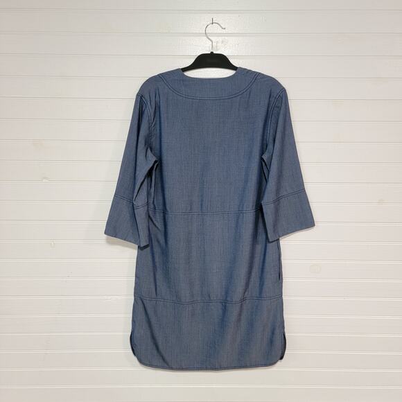Vince Size Small Lyocell Tunic Mini Dress Denim Chambray V Neck Pockets Designer - Picture 2 of 7